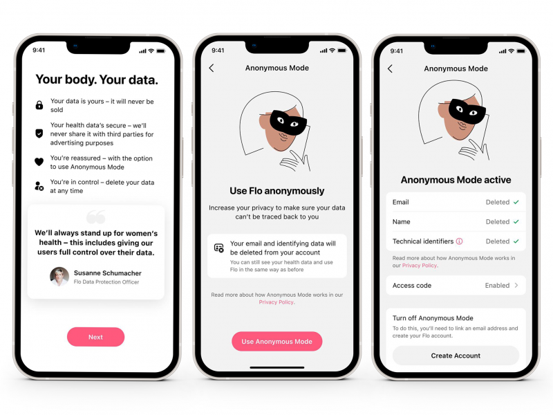 Product shots of the upcoming feature Anonymous mode on the period tracker app Flo. Product shots of the upcoming feature Anonymous mode on the period tracker app Flo.