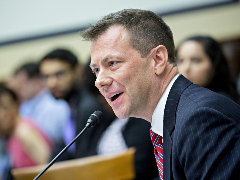 Peter Strzok, then an agent at the FBI, speaks during a joint House Judiciary, Oversight and Government Reform committees hearing in Washington, D.C., in July 2018. Peter Strzok, then an agent at the FBI, speaks during a joint House Judiciary, Oversight and Government Reform committees hearing in Washington, D.C., in July 2018.
