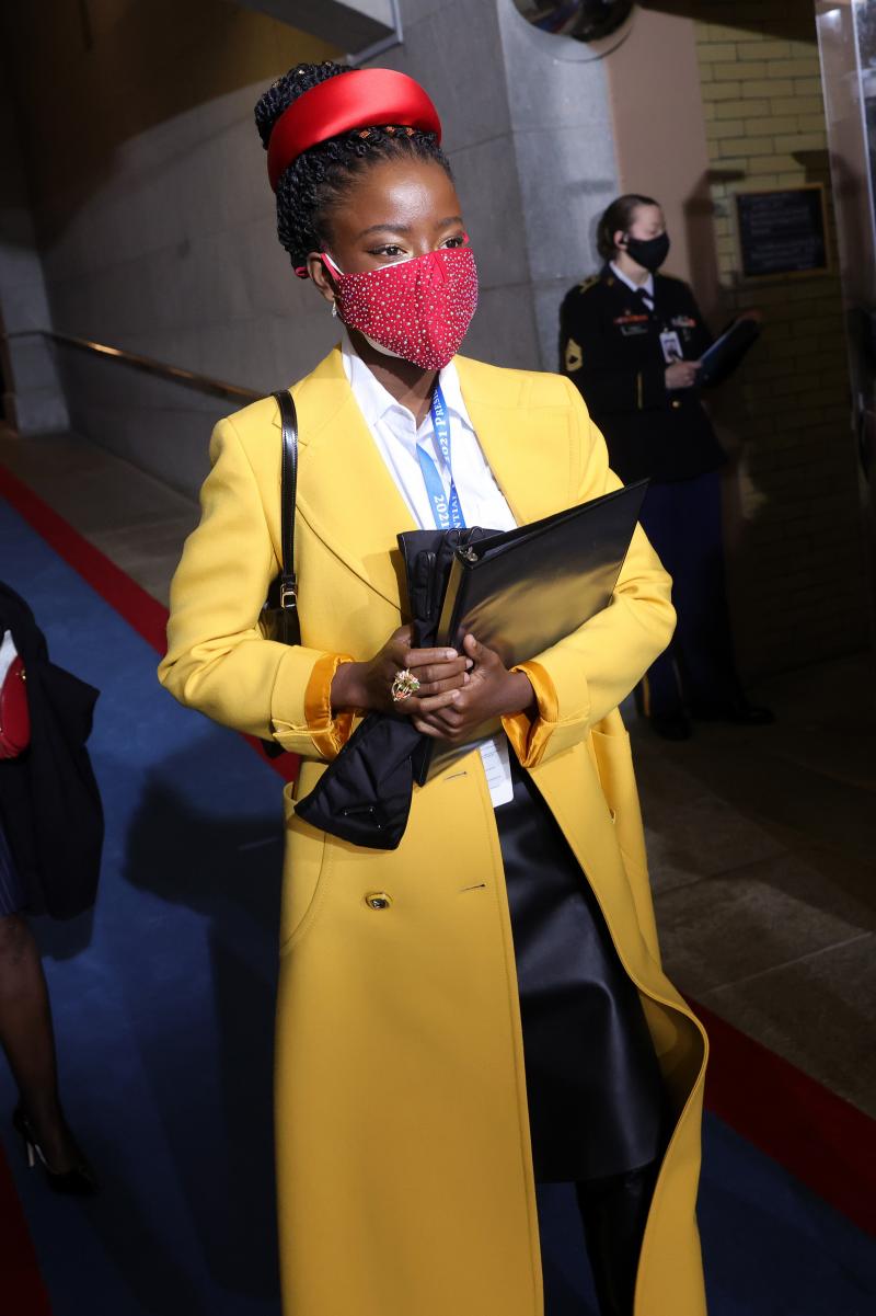 National youth poet laureate Amanda Gorman arrives at the inauguration, dressed head to mask to toe in bright, primary colors. National youth poet laureate Amanda Gorman arrives at the inauguration, dressed head to mask to toe in bright, primary colors.