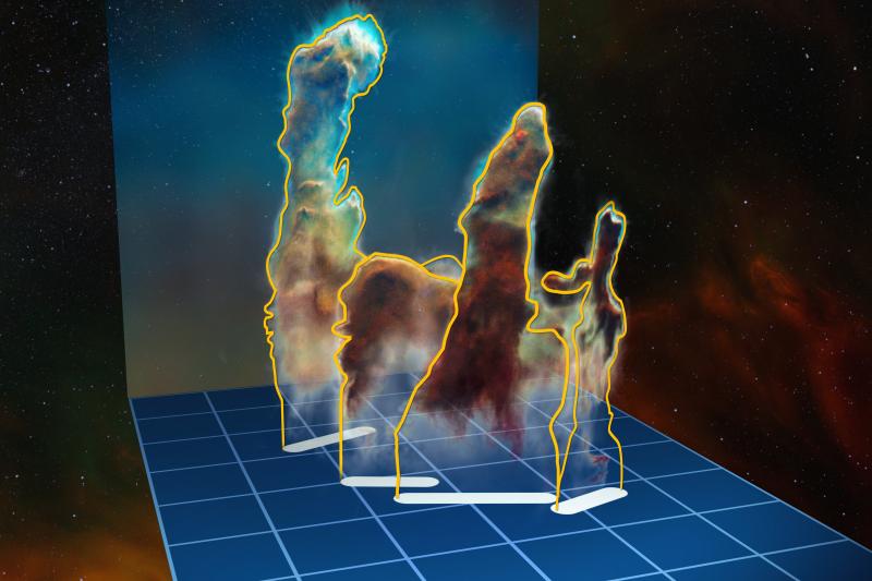 This visualisation of the 3-D structure of the Pillars of Creation is based on new observations of the object using the MUSE instrument on ESO's Very Large Telescope in Chile. The pillars actually consist of several distinct pieces on either side of the s This visualisation of the 3-D structure of the Pillars of Creation is based on new observations of the object using the MUSE instrument on ESO's Very Large Telescope in Chile. The pillars actually consist of several distinct pieces on either side of the s