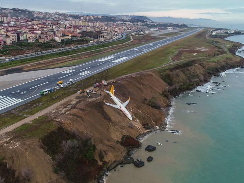 A Pegasus Airlines Boeing 737 passenger plane is seen stuck in mud on an embankment, a day after skidding off the airstrip, after landing at Trabzon's airport on the Black Sea coast on Jan. 14. A Pegasus Airlines Boeing 737 passenger plane is seen stuck in mud on an embankment, a day after skidding off the airstrip, after landing at Trabzon's airport on the Black Sea coast on Jan. 14.