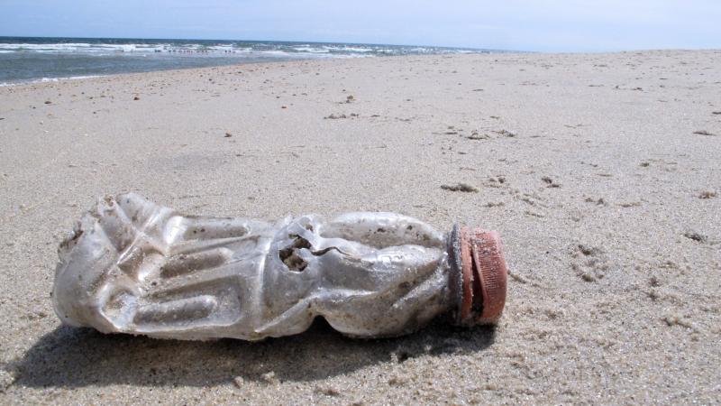 A discarded plastic bottle lies on the beach at Sandy Hook, N.J. Packaging is the largest source of the plastic waste that now blankets our planet. A discarded plastic bottle lies on the beach at Sandy Hook, N.J. Packaging is the largest source of the plastic waste that now blankets our planet.