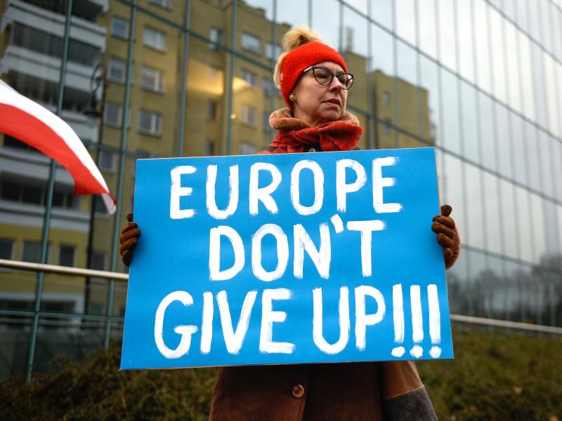 A pro-democracy protestor holds a placard ahead of a meeting between the Vice President of the European Commission for Values and Transparency, Vera Jourova, and the First President of Poland's Supreme Court, Malgorzata Gersdorf, in front of the Supreme C A pro-democracy protestor holds a placard ahead of a meeting between the Vice President of the European Commission for Values and Transparency, Vera Jourova, and the First President of Poland's Supreme Court, Malgorzata Gersdorf, in front of the Supreme C