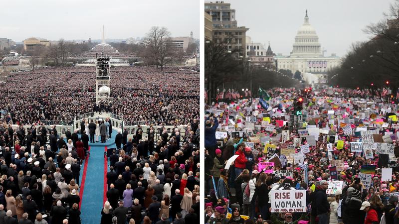 On the left, President Trump takes the oath of office at the U.S. Capitol on Jan. 20. On the right, protesters attend the Women's March on Washington the next day. Crowd estimates for both events were in the 100,000s but varied considerably. On the left, President Trump takes the oath of office at the U.S. Capitol on Jan. 20. On the right, protesters attend the Women's March on Washington the next day. Crowd estimates for both events were in the 100,000s but varied considerably.