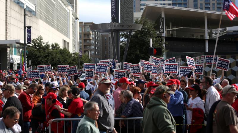 Attendees hold "We Vape, We Vote" signs ahead of a Trump rally last month in Dallas. The politics surrounding vaping and industry pushback against regulation appear to have derailed the Trump administration's plan to ban the sales of many vaping products. Attendees hold "We Vape, We Vote" signs ahead of a Trump rally last month in Dallas. The politics surrounding vaping and industry pushback against regulation appear to have derailed the Trump administration's plan to ban the sales of many vaping products.