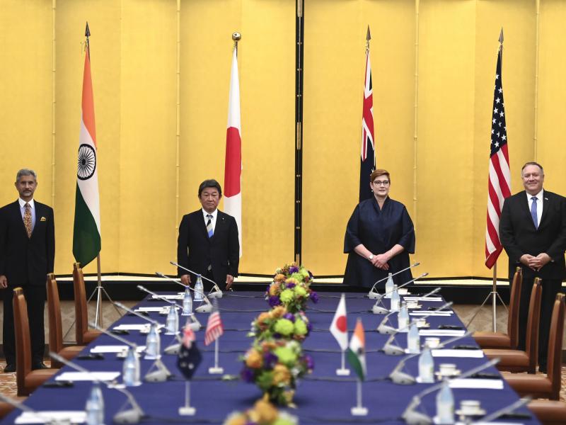 Indian Minister of External Affairs Subrahmanyam Jaishankar (from left), Japanese Foreign Minister Toshimitsu Motegi, Australian Foreign Minister Marise Payne and Secretary of State Mike Pompeo attend a meeting Tuesday in Tokyo. Indian Minister of External Affairs Subrahmanyam Jaishankar (from left), Japanese Foreign Minister Toshimitsu Motegi, Australian Foreign Minister Marise Payne and Secretary of State Mike Pompeo attend a meeting Tuesday in Tokyo.
