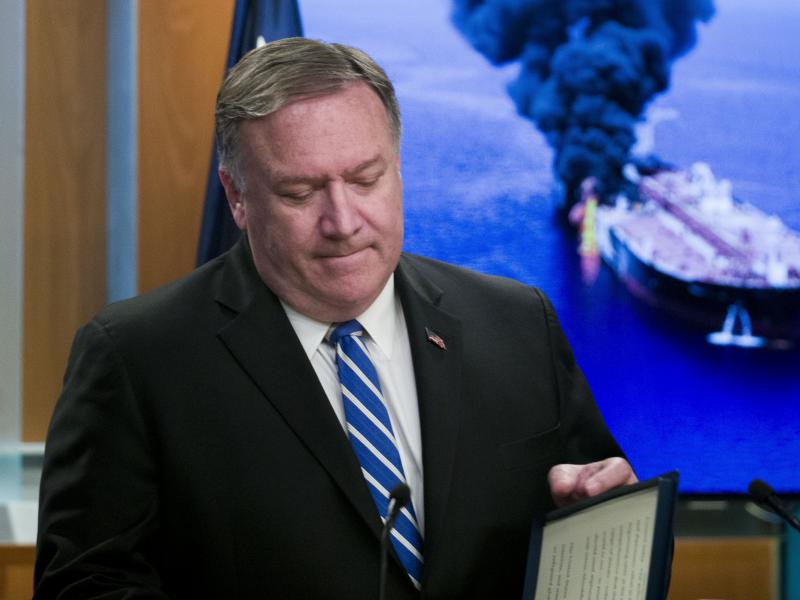 Secretary of State Mike Pompeo closes his remarks at the State Department Thursday. Secretary of State Mike Pompeo closes his remarks at the State Department Thursday.