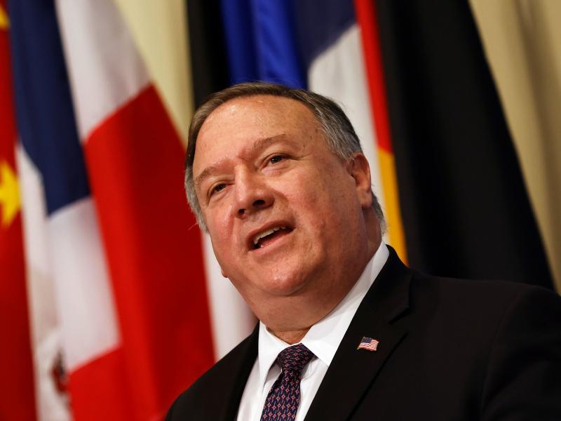 Secretary of State Mike Pompeo speaks to reporters Thursday after meeting with members of the U.N. Security Council and calling for the restoration of sanctions against Iran. Secretary of State Mike Pompeo speaks to reporters Thursday after meeting with members of the U.N. Security Council and calling for the restoration of sanctions against Iran.