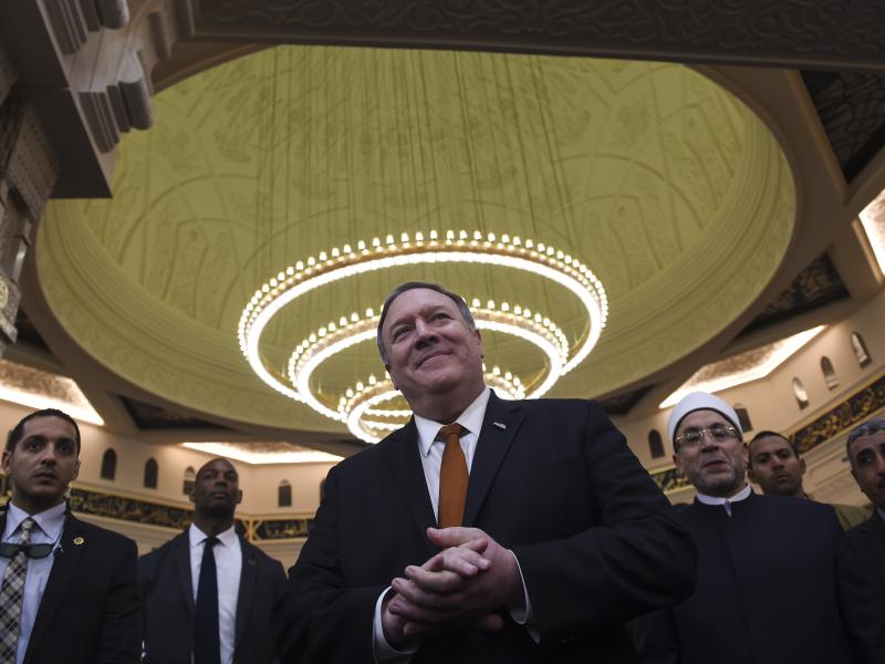 Secretary of State Mike Pompeo speaks to the press in the newly inaugurated Cathedral of the Nativity Christ, east of Cairo, on Thursday. Secretary of State Mike Pompeo speaks to the press in the newly inaugurated Cathedral of the Nativity Christ, east of Cairo, on Thursday.