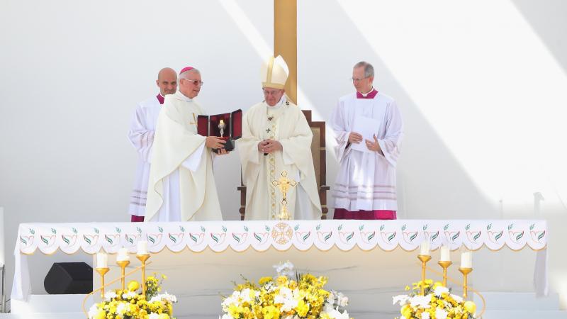 Pope Francis celebrates Mass on Tuesday at Zayed Sports City in Abu Dhabi. His three-day trip to the United Arab Emirates marks the first time a pontiff has ever visited the Arabian Peninsula. Pope Francis celebrates Mass on Tuesday at Zayed Sports City in Abu Dhabi. His three-day trip to the United Arab Emirates marks the first time a pontiff has ever visited the Arabian Peninsula.