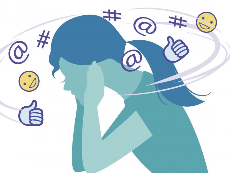 Social media symbols forming noise around woman plugging ears Social media symbols forming noise around woman plugging ears