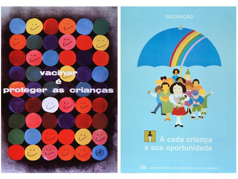 These two Portuguese language posters are pro-inoculation. The one at left, produced in 1977, says, "Vaccinate and protect the children." The one at right, from '87, sends a similar message, noting that vaccination offers an opportunity for every youngste These two Portuguese language posters are pro-inoculation. The one at left, produced in 1977, says, "Vaccinate and protect the children." The one at right, from '87, sends a similar message, noting that vaccination offers an opportunity for every youngste