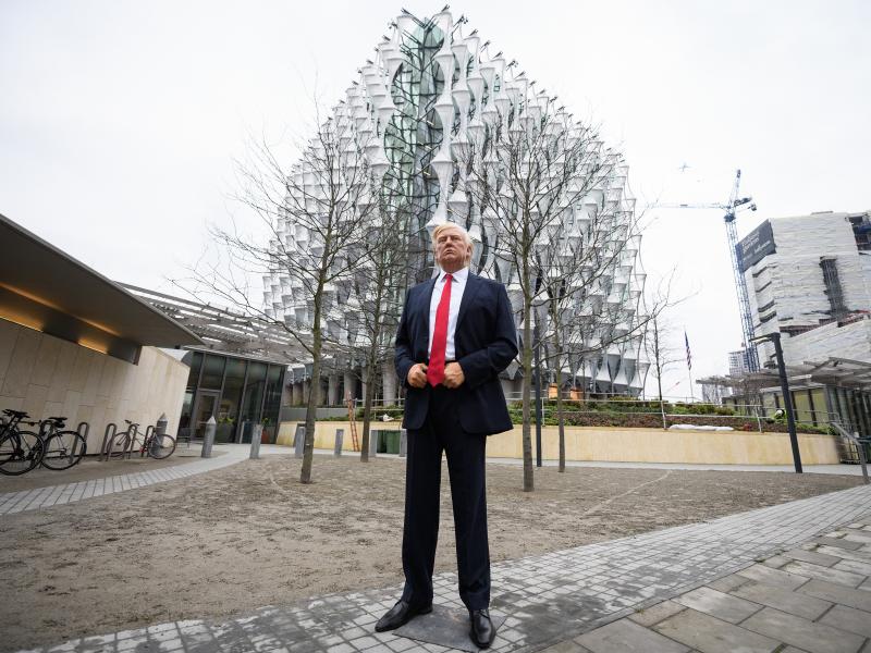 A model of President Trump from the Madame Tussauds waxwork museum was brought Friday to the new U.S. Embassy in London's Wandsworth borough. "Trump cancelled his visit so we stepped in!" Madame Tussauds tweeted. A model of President Trump from the Madame Tussauds waxwork museum was brought Friday to the new U.S. Embassy in London's Wandsworth borough. "Trump cancelled his visit so we stepped in!" Madame Tussauds tweeted.