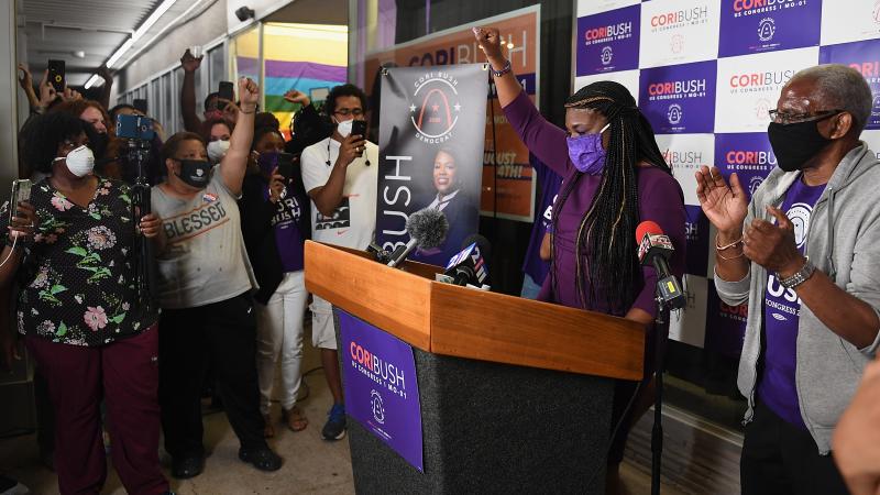 Cori Bush gives her victory speech at her campaign office on Tuesday in St. Louis. Cori Bush gives her victory speech at her campaign office on Tuesday in St. Louis.