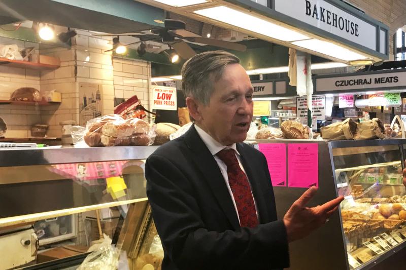 Dennis Kucinich greets voters at the West Side Market in Cleveland. He surprised voters and his opponents with his late candidacy for governor. Dennis Kucinich greets voters at the West Side Market in Cleveland. He surprised voters and his opponents with his late candidacy for governor.