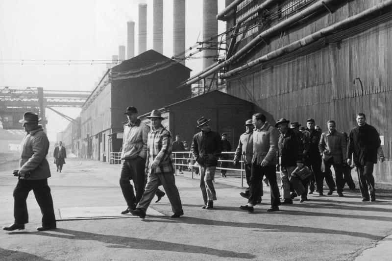 Steelworkers leave a plant at the end of their shift in Bethlehem, Pa., in 1947. Employment in the industry has declined by 80 percent from its peak six decades ago, according to author Douglas Irwin. Steelworkers leave a plant at the end of their shift in Bethlehem, Pa., in 1947. Employment in the industry has declined by 80 percent from its peak six decades ago, according to author Douglas Irwin.