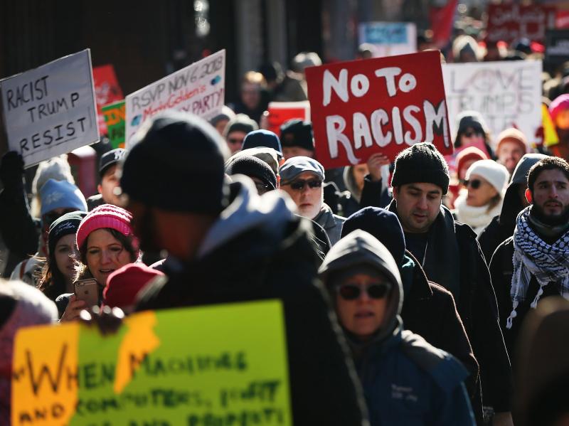 Hundreds of people demonstrate against racism in the Brooklyn neighborhood of Bay Ridge on Martin Luther King Jr. Day on Jan. 15, 2018 in New York City. Hundreds of people demonstrate against racism in the Brooklyn neighborhood of Bay Ridge on Martin Luther King Jr. Day on Jan. 15, 2018 in New York City.