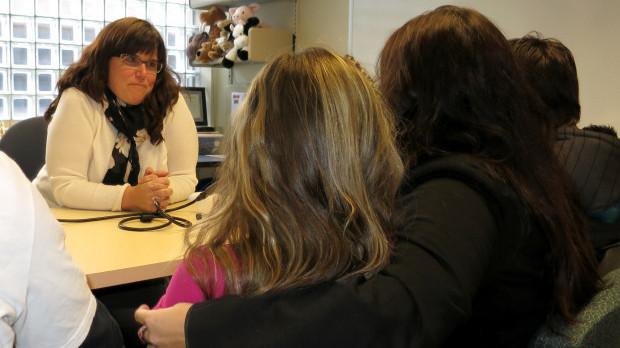 Michaela leans on her mother, Dee, while talking to Dr. Karin Selva about puberty suppression. Michaela leans on her mother, Dee, while talking to Dr. Karin Selva about puberty suppression.