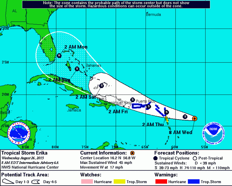 A forecast by the National Hurricane Center shows Tropical Storm Erika gaining strength as it heads west toward Florida. A forecast by the National Hurricane Center shows Tropical Storm Erika gaining strength as it heads west toward Florida.