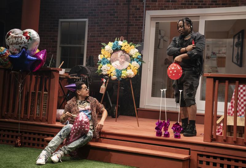 Chris Herbie Holland (L.) as Tio and Marcel Spears as Juicy in Fat Ham at New York's Public Theater. Chris Herbie Holland (L.) as Tio and Marcel Spears as Juicy in Fat Ham at New York's Public Theater.