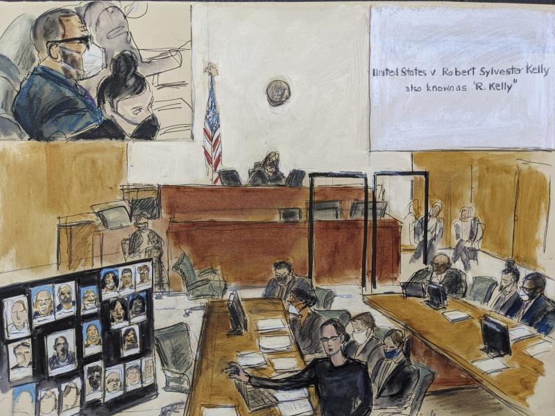 In this illustration drawn from a video feed, the prosecution presents its closing argument in the federal trial against singer R. Kelly on Sept. 22 in New York. In this illustration drawn from a video feed, the prosecution presents its closing argument in the federal trial against singer R. Kelly on Sept. 22 in New York.