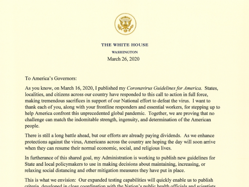 President Trump's letter to U.S. governors about the coronavirus. President Trump's letter to U.S. governors about the coronavirus.