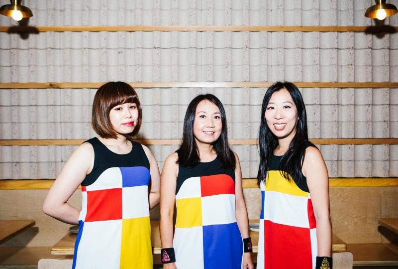 For our interview, Risa, Naoko and Atsuko changed into their signature outfits: geometric-patterned dresses, designed by Atsuko, reminiscent of a Mondrian painting. For our interview, Risa, Naoko and Atsuko changed into their signature outfits: geometric-patterned dresses, designed by Atsuko, reminiscent of a Mondrian painting.