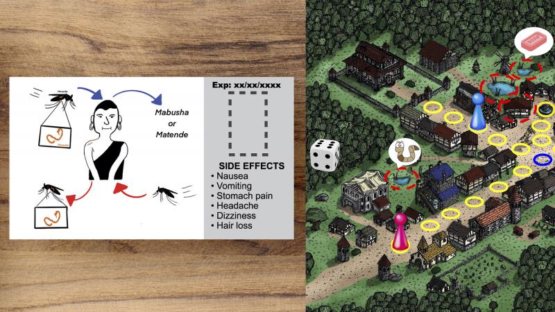 Students around the world were challenged to fight disease rumors in a 24-hour hackathon. From left: A proposed pill package featuring a Tanzanian comic character, designed by a team from Boston University. A board game to help teach kids about schistosom Students around the world were challenged to fight disease rumors in a 24-hour hackathon. From left: A proposed pill package featuring a Tanzanian comic character, designed by a team from Boston University. A board game to help teach kids about schistosom