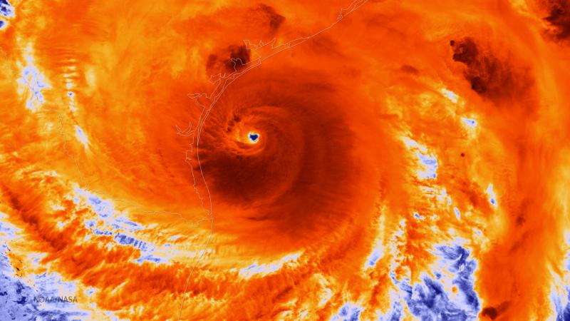 An infrared satellite image shows Hurricane Harvey just prior to making landfall on Aug. 25, 2017. Warm water in the Gulf of Mexico fed heavy rains, according to new research. An infrared satellite image shows Hurricane Harvey just prior to making landfall on Aug. 25, 2017. Warm water in the Gulf of Mexico fed heavy rains, according to new research.