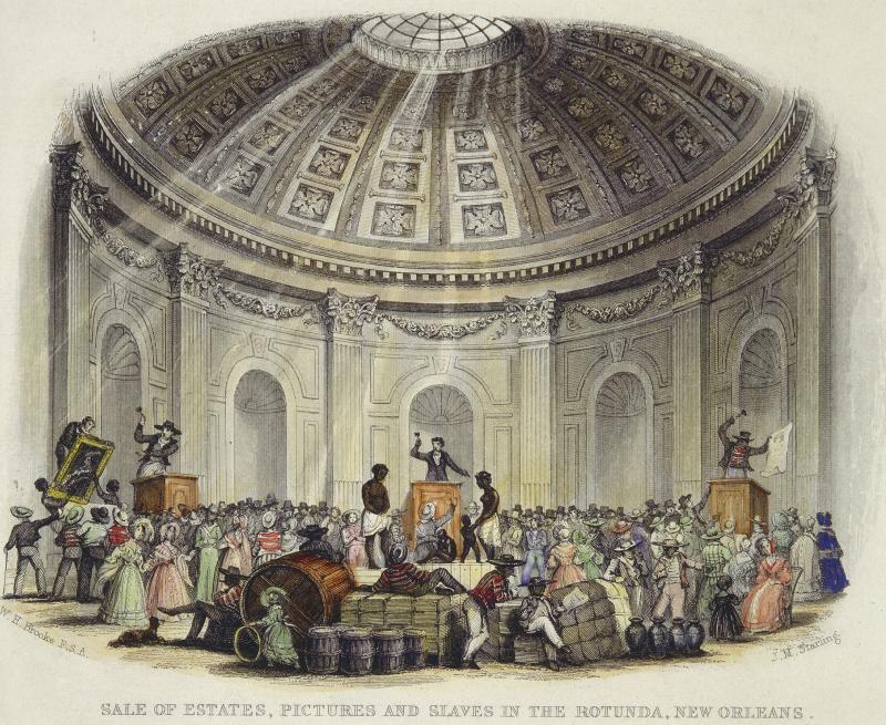 Interior view of a room with a rotunda ceiling during an auction of slaves, artwork and goods. Interior view of a room with a rotunda ceiling during an auction of slaves, artwork and goods.