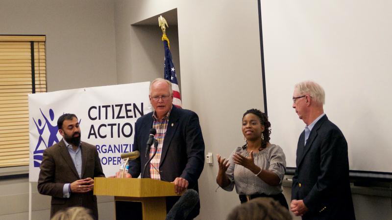 Former state Sens. Dale Schultz, at podium, and Tim Cullen discuss gerrymandering in Wisconsin. Former state Sens. Dale Schultz, at podium, and Tim Cullen discuss gerrymandering in Wisconsin.