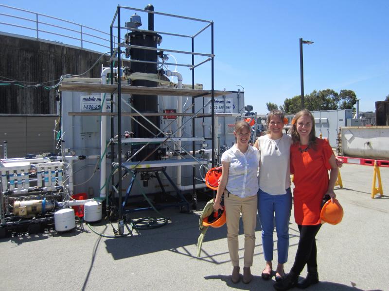 Anne Schauer-Gimenez (from left) Allison Pieja and Molly Morse of Mango Materials stand next to the biopolymer fermenter at a sewage treatment plant next to San Francisco Bay. The fermenter feeds bacteria the methane they need to produce a biological form Anne Schauer-Gimenez (from left) Allison Pieja and Molly Morse of Mango Materials stand next to the biopolymer fermenter at a sewage treatment plant next to San Francisco Bay. The fermenter feeds bacteria the methane they need to produce a biological form
