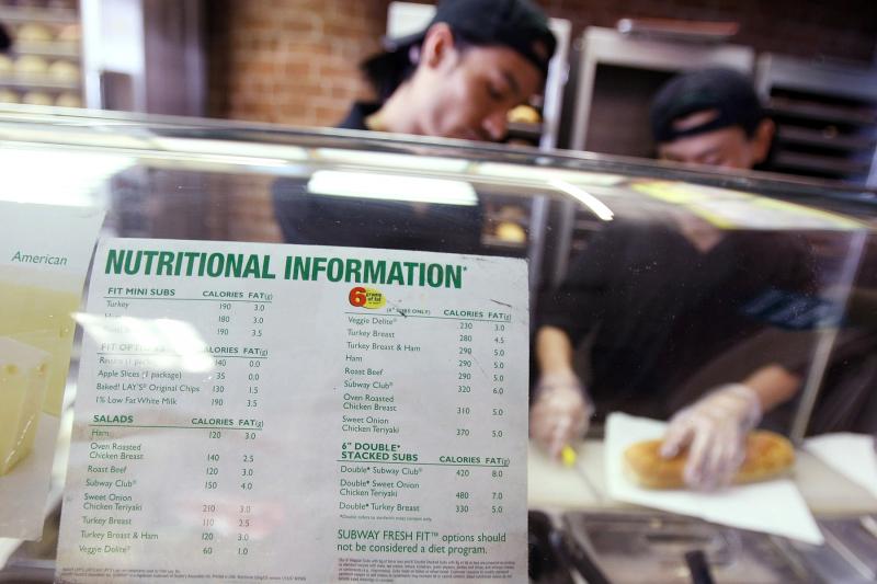 A sign displaying calorie counts is seen in a Subway restaurant in New York City in 2008. A yet-to-be-finalized federal rule requiring big chain restaurants to post calorie counts has likely led eateries to tweak their menus. A sign displaying calorie counts is seen in a Subway restaurant in New York City in 2008. A yet-to-be-finalized federal rule requiring big chain restaurants to post calorie counts has likely led eateries to tweak their menus.