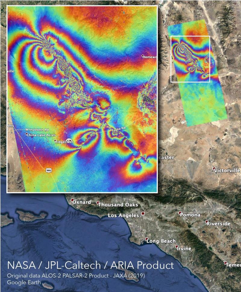 NASA's Advanced Rapid Imaging and Analysis team created this map, which shows surface displacement caused by the recent major earthquakes in Southern California. NASA's Advanced Rapid Imaging and Analysis team created this map, which shows surface displacement caused by the recent major earthquakes in Southern California.