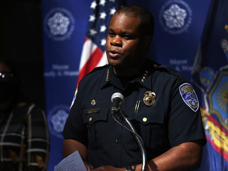 Rochester, N.Y., Police Chief La'Ron Singletary, pictured at a press conference Sunday, resigned on Tuesday along with other senior police staff. Rochester, N.Y., Police Chief La'Ron Singletary, pictured at a press conference Sunday, resigned on Tuesday along with other senior police staff.