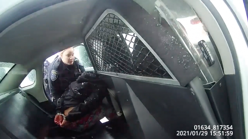 A frame from a Rochester Police bodycam video showing a girl in handcuffs in the back of a police cruiser. A frame from a Rochester Police bodycam video showing a girl in handcuffs in the back of a police cruiser.