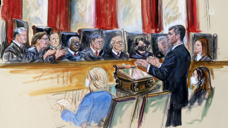 This artist sketch depicts Mississippi Solicitor General Scott Stewart, standing while speaking to the Supreme Court on Wednesday. Center for Reproductive Rights Litigation Director Julie Rikelman is seated right. This artist sketch depicts Mississippi Solicitor General Scott Stewart, standing while speaking to the Supreme Court on Wednesday. Center for Reproductive Rights Litigation Director Julie Rikelman is seated right.