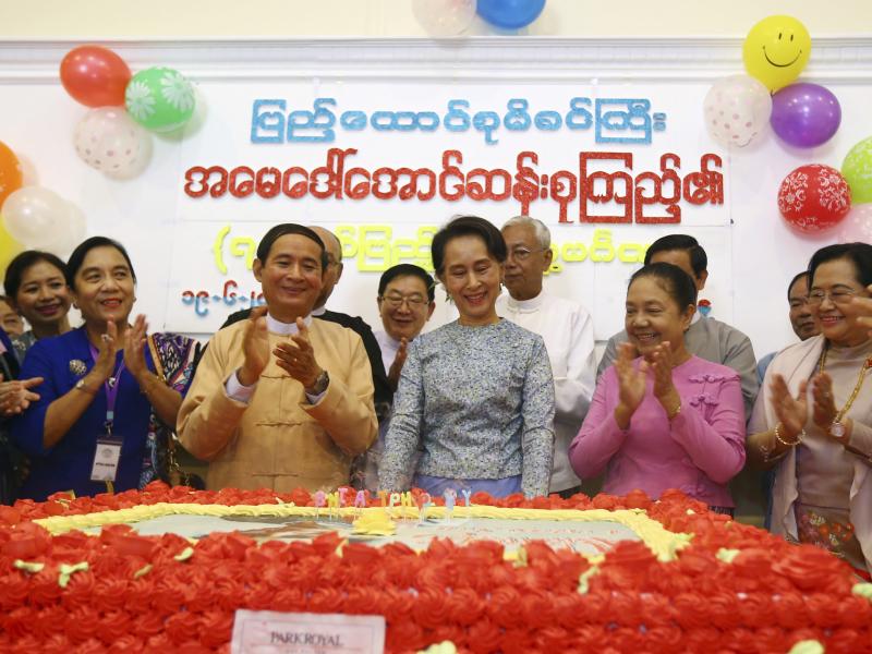 Aung San Suu Kyi celebrated her 73rd birthday with members of her National League for Democracy party at the parliament building in Naypyitaw, Myanmar on Tuesday. Aung San Suu Kyi celebrated her 73rd birthday with members of her National League for Democracy party at the parliament building in Naypyitaw, Myanmar on Tuesday.