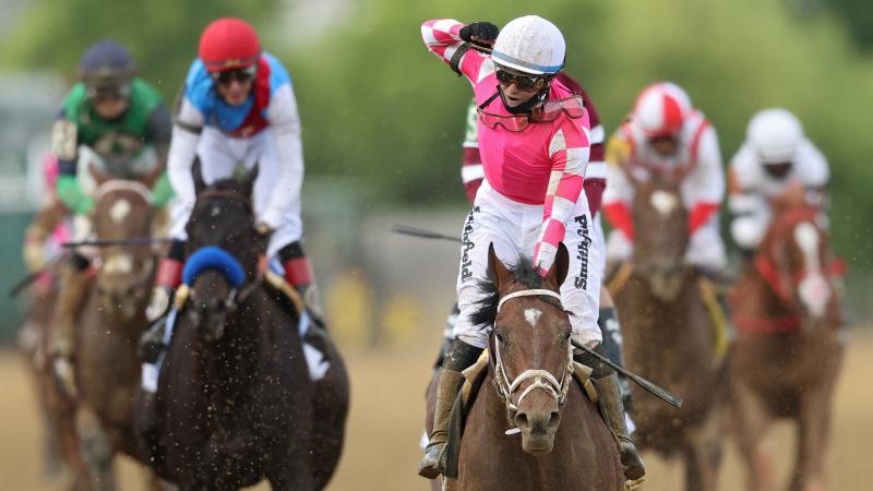 Jockey Flavien Prat, #6, riding Rombauer, celebrates as he wins the 146th running of the Preakness Stakes at Pimlico Race Course on Saturday in Baltimore. Jockey Flavien Prat, #6, riding Rombauer, celebrates as he wins the 146th running of the Preakness Stakes at Pimlico Race Course on Saturday in Baltimore.