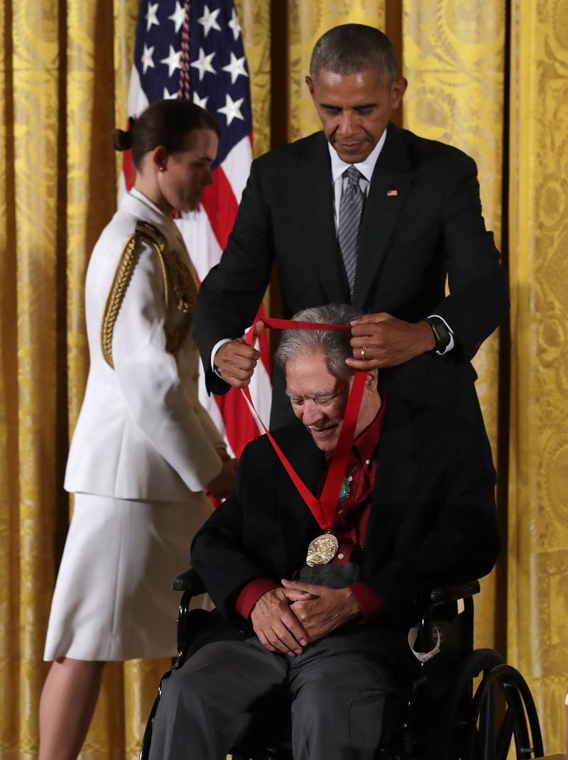 President Barack Obama presents the National Humanities Medal to author Rudolfo Anaya at a ceremony in September 2016. President Barack Obama presents the National Humanities Medal to author Rudolfo Anaya at a ceremony in September 2016.