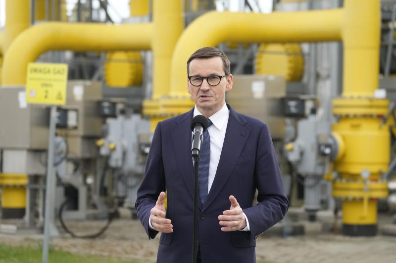 Poland's Prime Minister Mateusz Morawiecki speaks to media at the gas station of Gaz-System in Rembelszczyzna, near Warsaw, Poland, on Wednesday. Polish and Bulgarian leaders accused Moscow of using natural gas to blackmail their countries after Russia's Poland's Prime Minister Mateusz Morawiecki speaks to media at the gas station of Gaz-System in Rembelszczyzna, near Warsaw, Poland, on Wednesday. Polish and Bulgarian leaders accused Moscow of using natural gas to blackmail their countries after Russia's