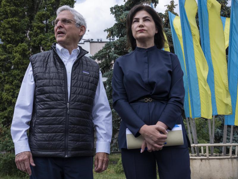 U.S. Attorney General Merrick Garland and Ukrainian Prosecutor General Iryna Venediktova meet in Krakovets, along the Ukrainian border with Poland, on Tuesday. U.S. Attorney General Merrick Garland and Ukrainian Prosecutor General Iryna Venediktova meet in Krakovets, along the Ukrainian border with Poland, on Tuesday.