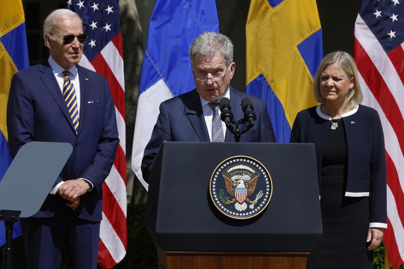 President Biden, Finland's President Sauli Niinisto and Sweden's Prime Minister Magdalena Andersson deliver remarks in the Rose Garden at the White House on Thursday. President Biden, Finland's President Sauli Niinisto and Sweden's Prime Minister Magdalena Andersson deliver remarks in the Rose Garden at the White House on Thursday.