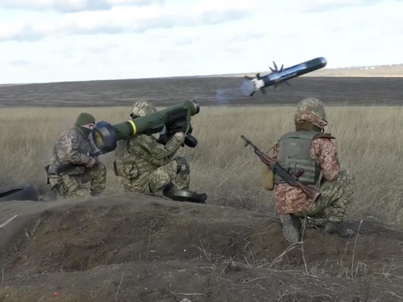 In this image taken from footage provided by the Ukrainian Defense Ministry Press Service, Ukrainian soldiers use a launcher with U.S. Javelin missiles during military exercises in the eastern Donetsk region of Ukraine, on Jan. 12. The U.S. and NATO allie In this image taken from footage provided by the Ukrainian Defense Ministry Press Service, Ukrainian soldiers use a launcher with U.S. Javelin missiles during military exercises in the eastern Donetsk region of Ukraine, on Jan. 12. The U.S. and NATO allie