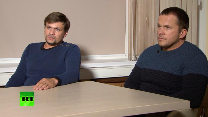 A still image taken from a video released by the RT TV shows two Russian men who say they are Ruslan Boshirov (left) and Alexander Petrov. British police accuse the pair of being intelligence officers who tried to kill former KGB spy Sergei Skripal. A still image taken from a video released by the RT TV shows two Russian men who say they are Ruslan Boshirov (left) and Alexander Petrov. British police accuse the pair of being intelligence officers who tried to kill former KGB spy Sergei Skripal.