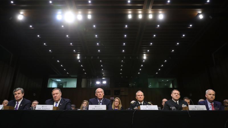 FBI Director Christopher Wray (from left), CIA Director Mike Pompeo, Director of National Intelligence Dan Coats, Defense Intelligence Agency Director Lt. Gen. Robert Ashley, NSA Director Adm. Michael Rogers and National Geospatial-Intelligence Agency Dir FBI Director Christopher Wray (from left), CIA Director Mike Pompeo, Director of National Intelligence Dan Coats, Defense Intelligence Agency Director Lt. Gen. Robert Ashley, NSA Director Adm. Michael Rogers and National Geospatial-Intelligence Agency Dir