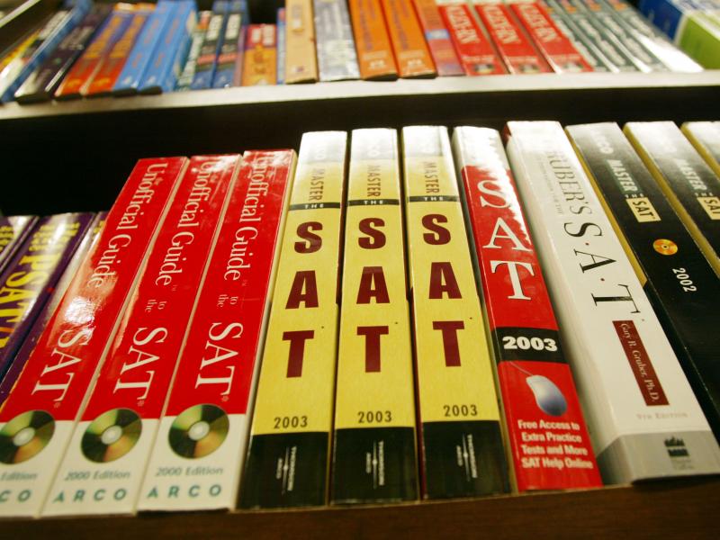 SAT test preparation books sit on a shelf at a bookstore in New York City. SAT test preparation books sit on a shelf at a bookstore in New York City.