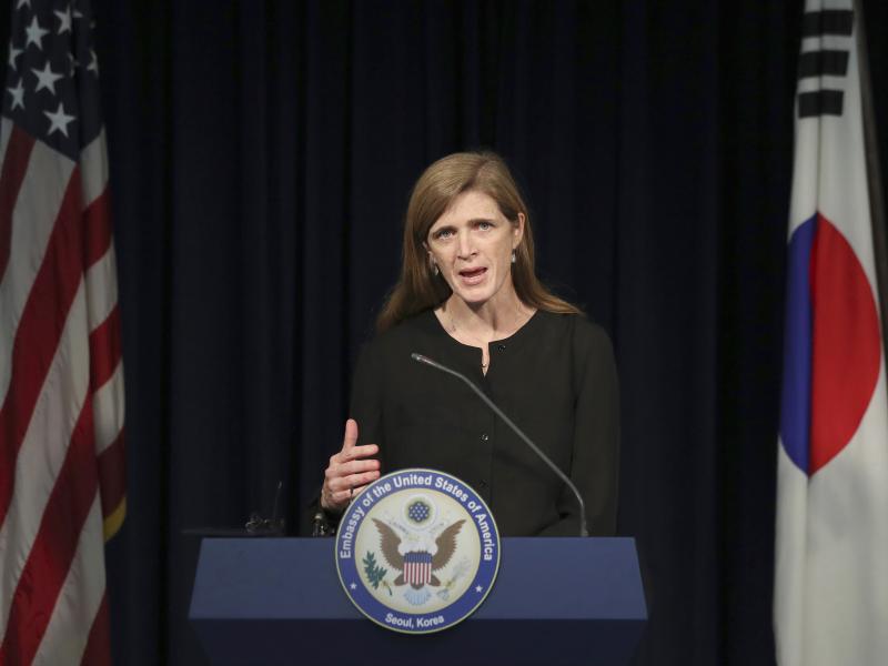 Then U.S. Ambassador to the U.N. Samantha Power answers a reporter's question during a news conference in Seoul, South Korea on Oct. 9, 2016. Then U.S. Ambassador to the U.N. Samantha Power answers a reporter's question during a news conference in Seoul, South Korea on Oct. 9, 2016.