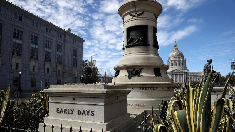 An empty pedestal remains where a statue known as Early Days, which depicted a Native American at the feet of a Catholic missionary and Spanish cowboy, used to stand on Fulton Street in San Francisco. The statue was removed early Friday morning. An empty pedestal remains where a statue known as Early Days, which depicted a Native American at the feet of a Catholic missionary and Spanish cowboy, used to stand on Fulton Street in San Francisco. The statue was removed early Friday morning.