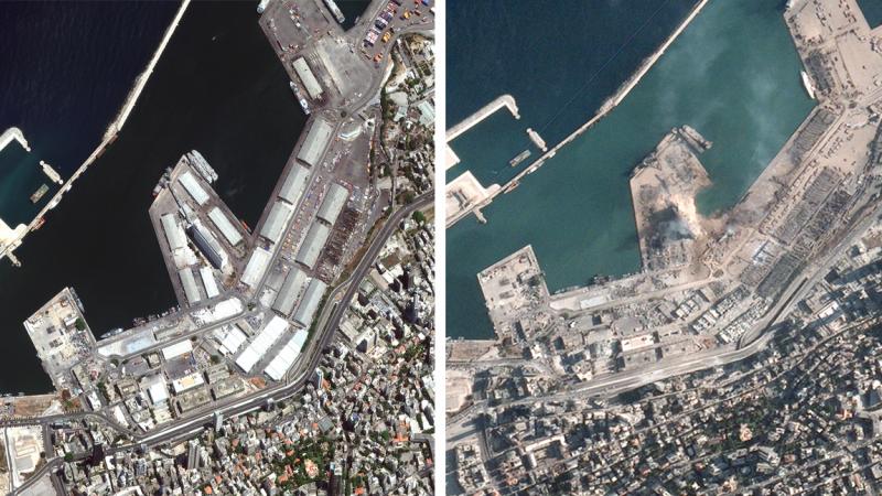 Beruit's port before (left) and after Tuesday's explosion (right). Beruit's port before (left) and after Tuesday's explosion (right).